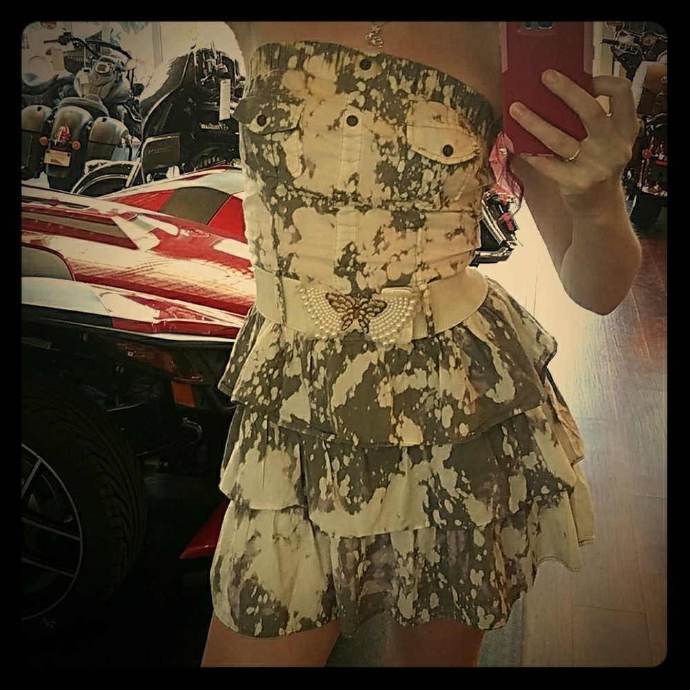 Bleach splattered navy olive green ruffle dress